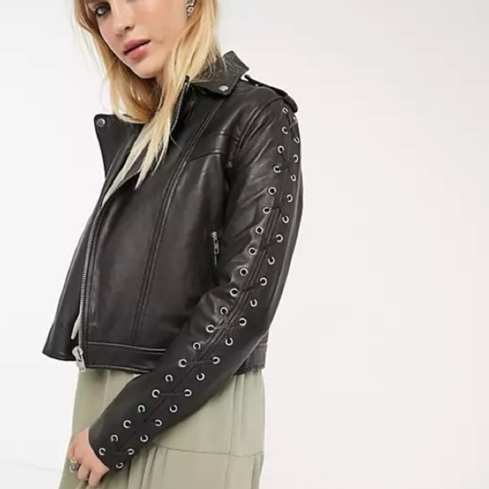 SOLD!! Lab London 100% Genuine Leather Biker Jacket Grommet Eyelet Lace Up - Picture 2 of 5